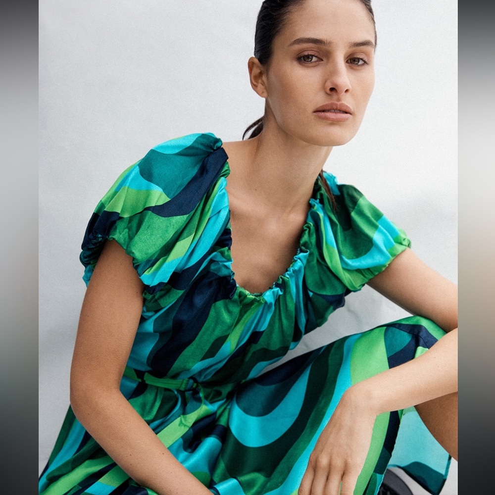 Veronika Maine Emerald Green Swirling Pattern Modernist Maxi Dress 10 EUC